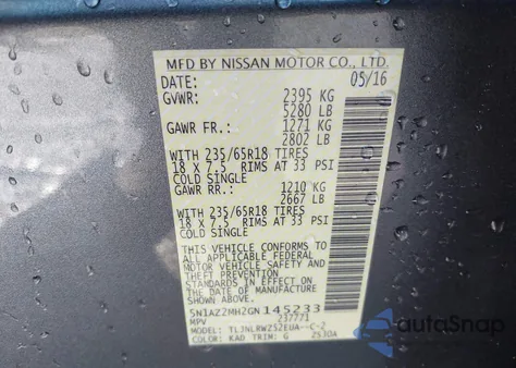 2016 Nissan Murano Sl z USA, uszkodzony, nr VIN 5N1AZ2MH2GN145233